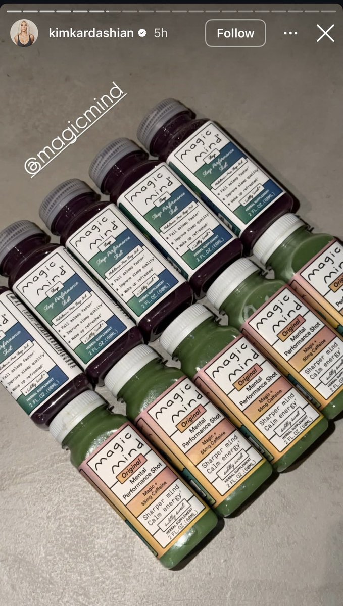 Kim Kardashian's Instagram story showing an array of Magic Mind bottles.