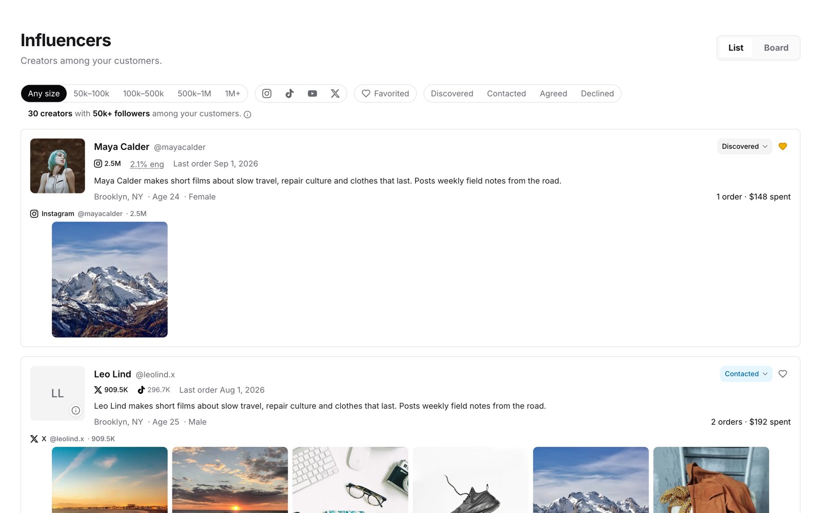 Influencers Board List view in OuterSignal, with creator cards showing followers per platform, engagement rate, last order date, orders, spend, and content from each platform
