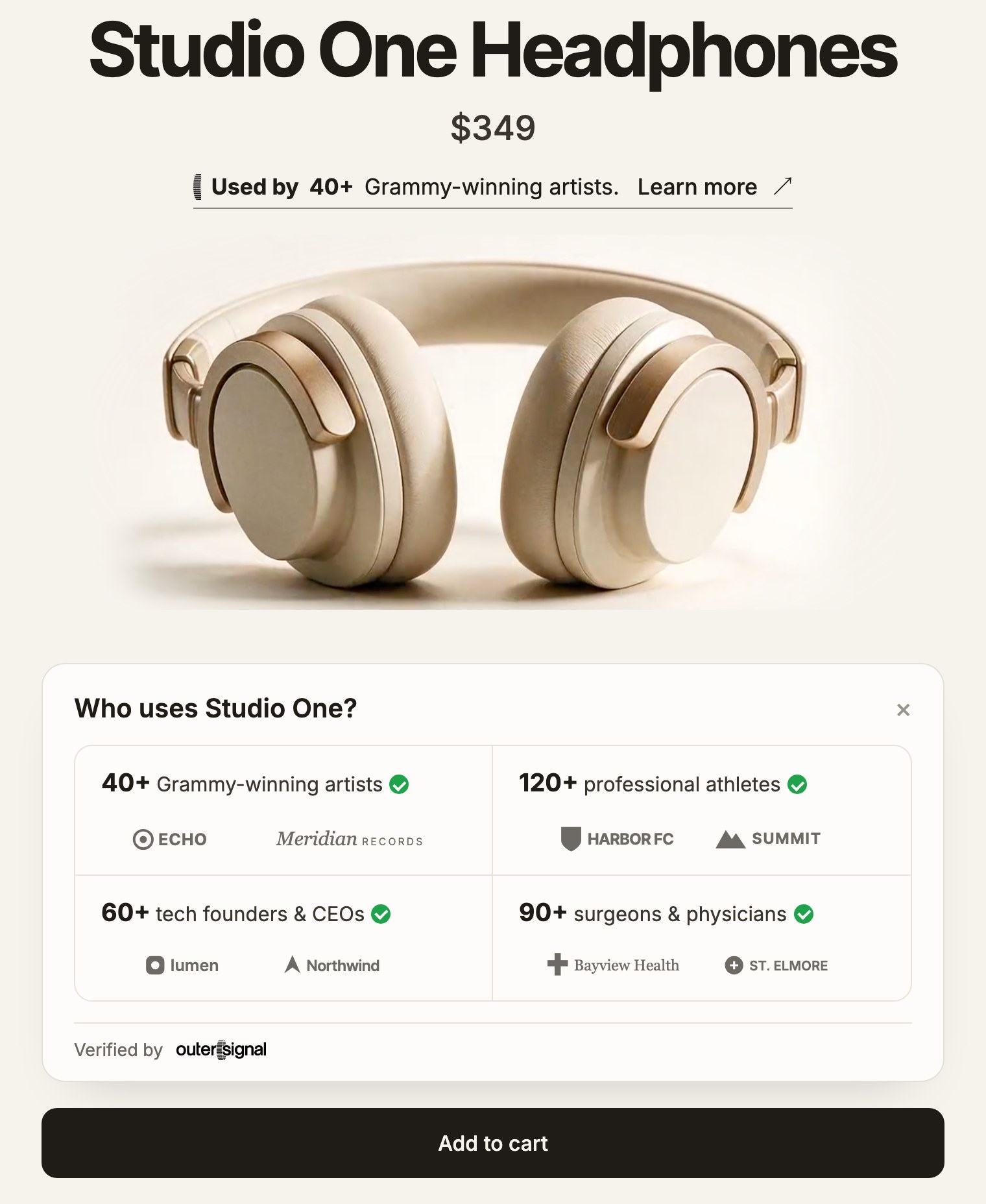 An illustrative product page with the Who uses Studio One card open, listing four notable groups of buyers with counts, green checks, and employer logos: Grammy-winning artists, professional athletes, tech founders and CEOs, and surgeons and physicians, with a Verified by OuterSignal footer above the Add to cart button