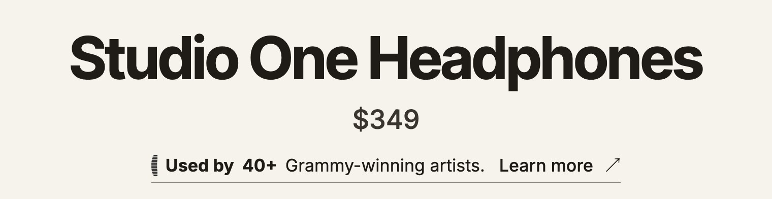 An illustrative product page title for Studio One Headphones with the Verified by OuterSignal badge under it reading Used by 40+ Grammy-winning artists